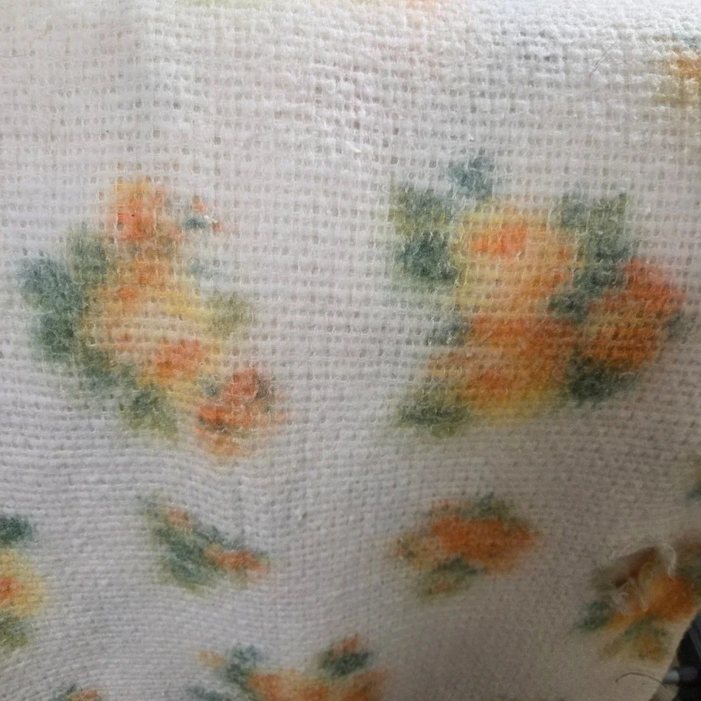 Vintage 70s Floral Waffle Weave Thermal Blanket Satin Trim Orange Yellow 78x80